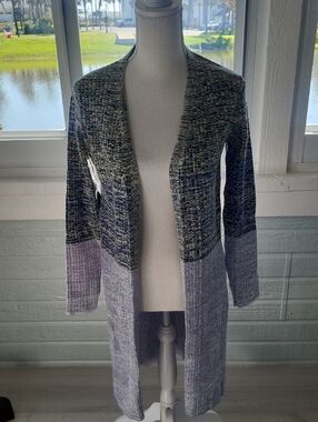 Open-Front Gray & Black Colorblock Long Cardigan